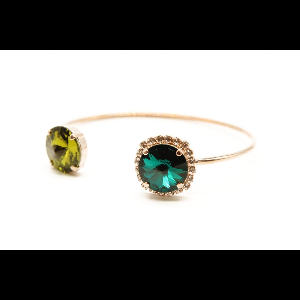 Gold Open Cuff Bracelet | Emerald Olive Crystal Halo Bangle | Statement Jewelry